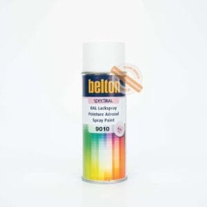 Belton RAL 9010 matte white spray paint can.