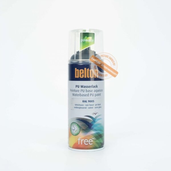 Silk gloss black Belton spray paint, RAL 9005, product code 332212.