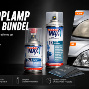 SprayMax 2in1 headlight restoration kit with silicone remover and P800, P1200 and P2000 sanding paper